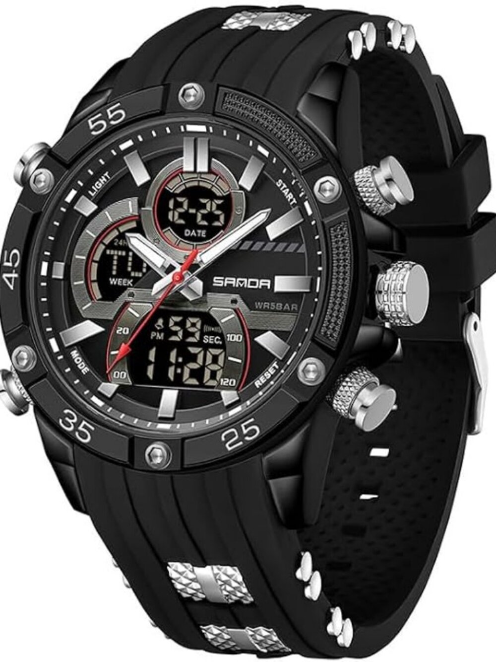 Men's Black Digital Analog 50M Silicone Band Chronograph Rugged Wrist Watch